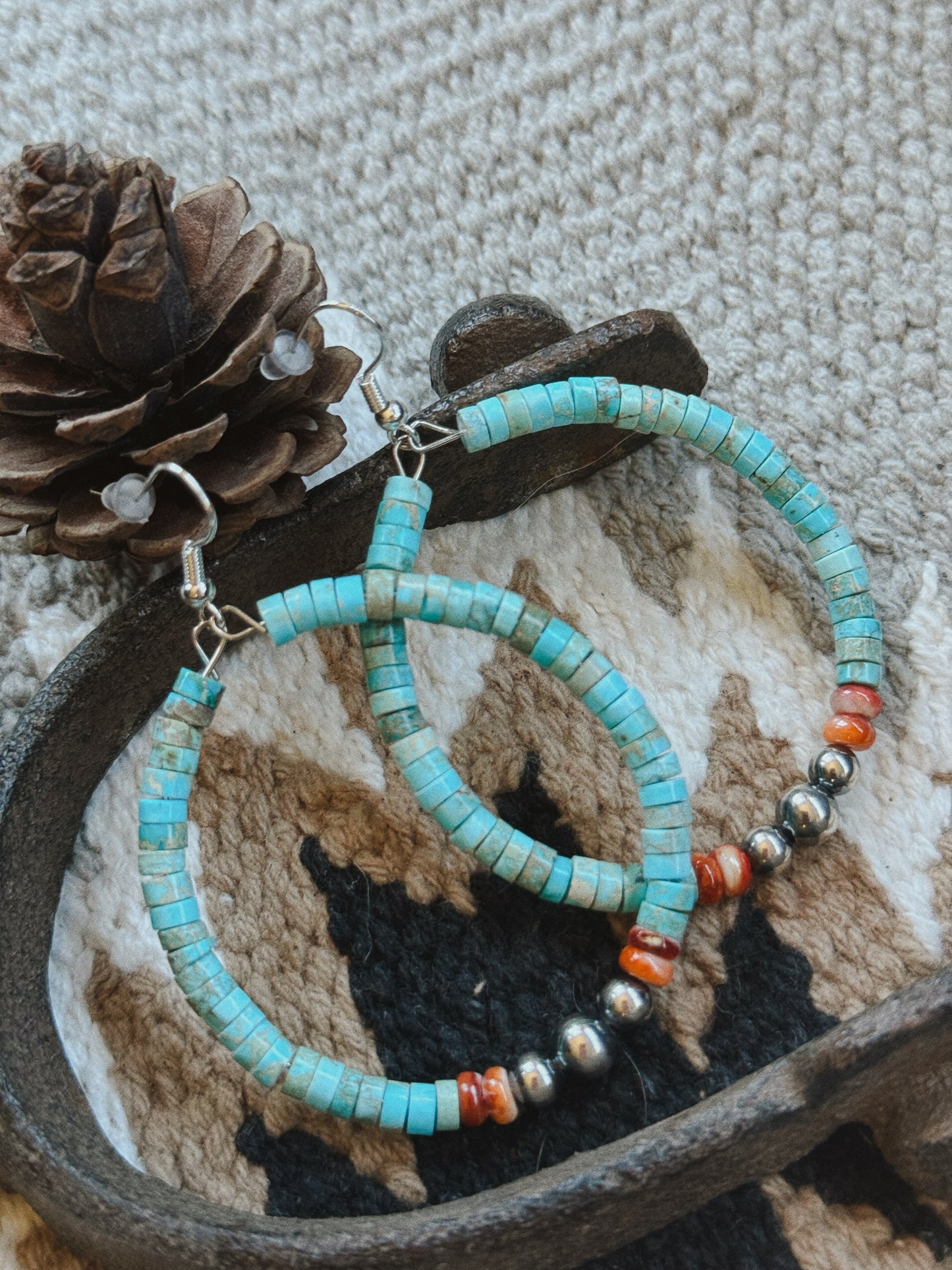 Turquoise heishi with orange spiny Hoop earrings