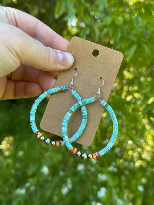 Turquoise heishi with orange spiny Hoop earrings